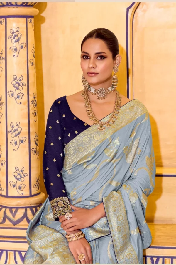 Ash Blue Banarasi Silk Work Pre Stitched Saree 1541 (1)