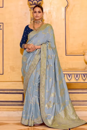 Ash Blue Banarasi Silk Work Pre Stitched Saree 1541