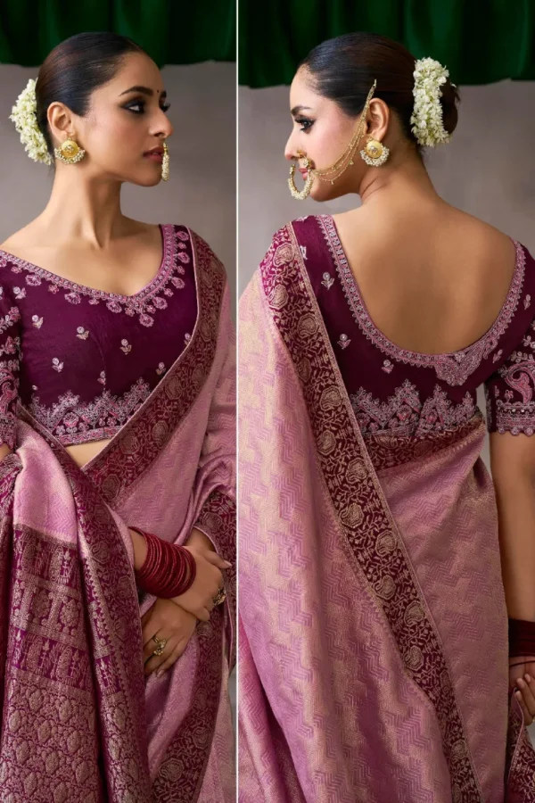 Baby Pink Zari Work Crepe Pre Stitched Saree   7803 (1)