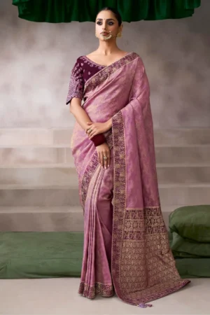 Baby Pink Zari Work Crepe Pre Stitched Saree   7803