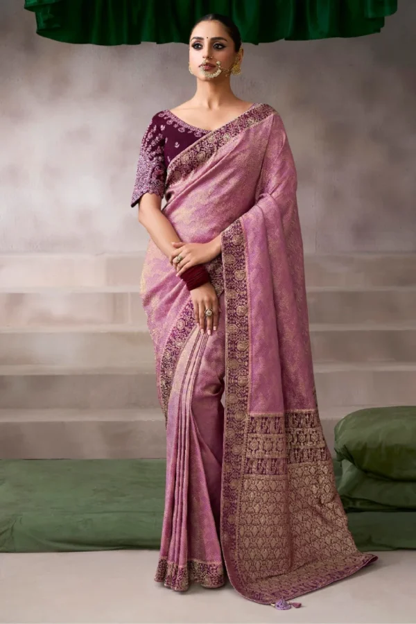 Baby Pink Zari Work Crepe Pre Stitched Saree   7803