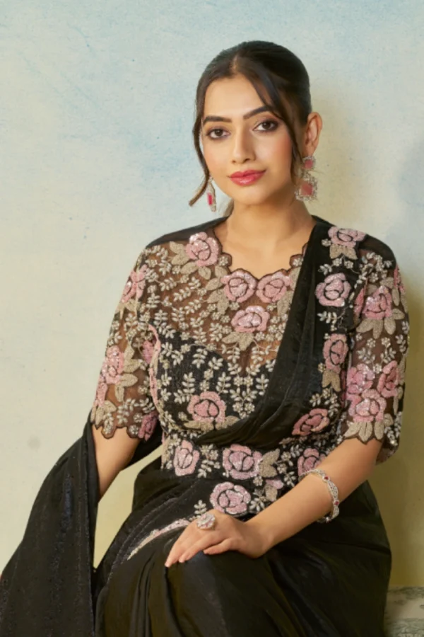 Black Satin Silk Heavy Embroidered Ready To Wear Saree  25710 (1)