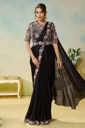 Black Satin Silk Heavy Embroidered Ready To Wear Saree  25710