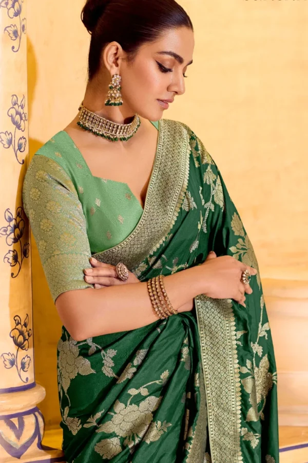 Bottle Green Banarasi Silk Work Pre Stitched Saree 1547 (1)