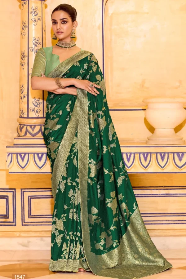 Bottle Green Banarasi Silk Work Pre Stitched Saree 1547