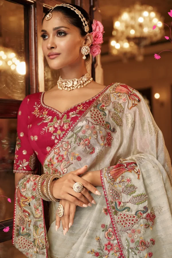 Cream Pure Jacquard Silk Pre Stitched Saree   7806 (1)