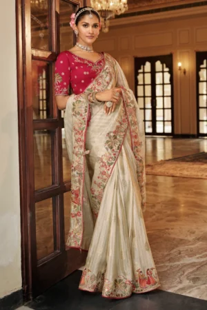 Cream Pure Jacquard Silk Pre Stitched Saree   7806