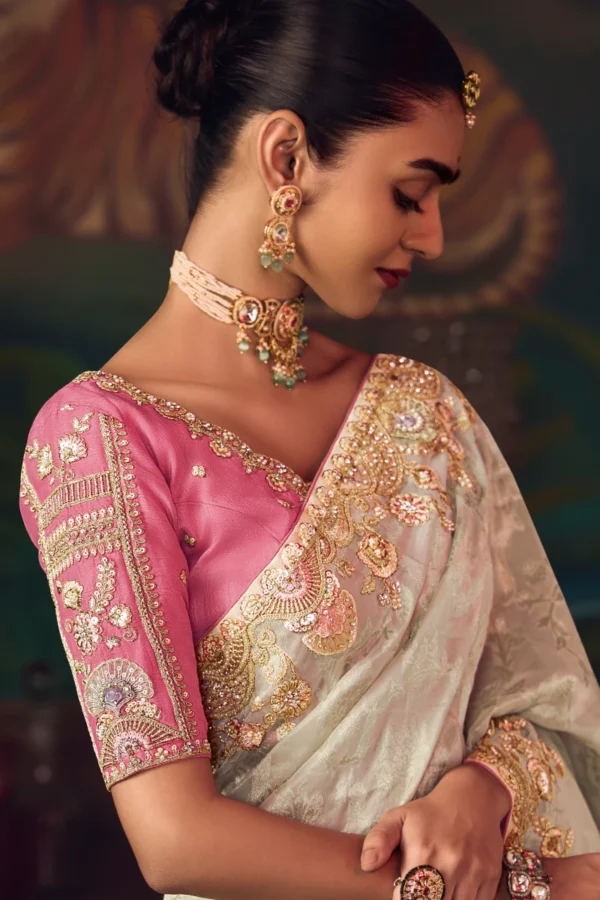 Creamish Heavy Embroidered Silk Saree 463 (1)