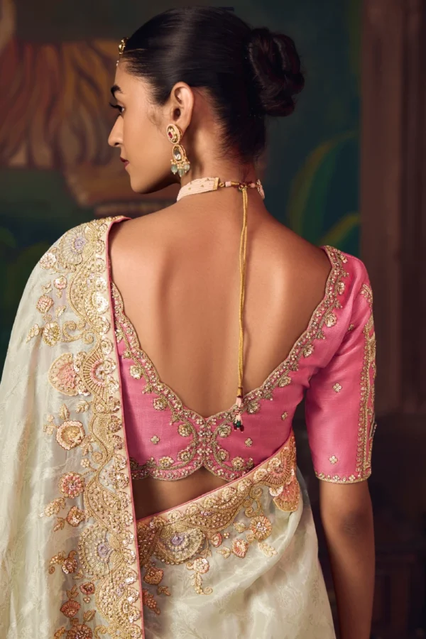 Creamish Heavy Embroidered Silk Saree 463 (2)