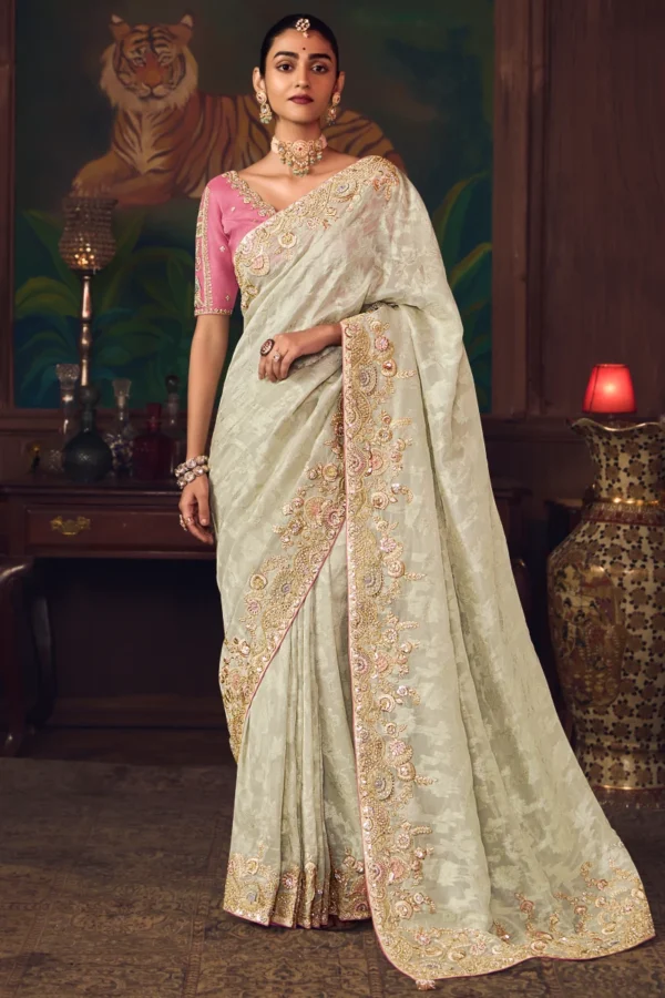 Creamish Heavy Embroidered Silk Saree 463