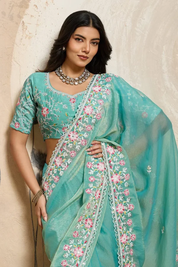 Cyan Blue Embroidered Soft Chiffon Ready to Wear Saree