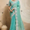 Cyan Blue Embroidered Soft Chiffon Ready to Wear Saree