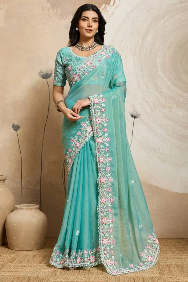 Cyan Blue Embroidered Soft Chiffon Ready to Wear Saree
