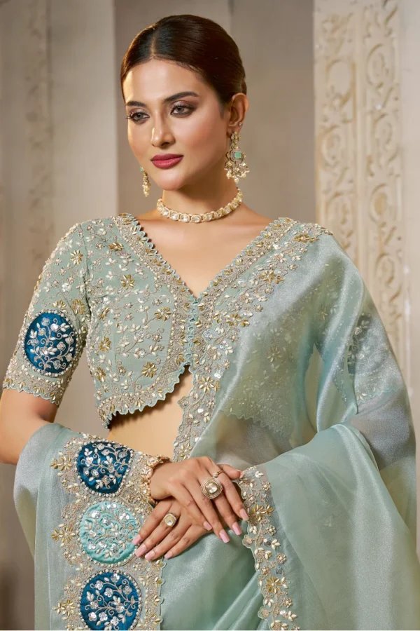 Cyan Organza Tissue Handwork One Minute Saree   25817 (1)