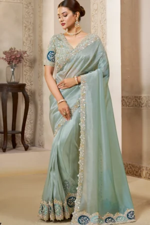 Cyan Organza Tissue Handwork One Minute Saree   25817