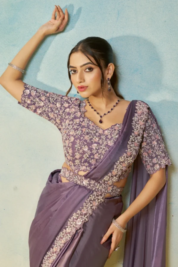 Dusky Magenta Heavy Embroidered Ready To Wear Saree  25703 (1)