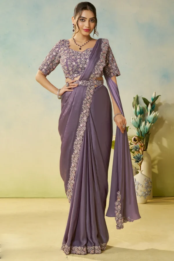 Dusky Magenta Heavy Embroidered Ready To Wear Saree  25703