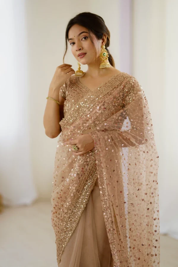 Gold Soft Net Sequins One Minute Saree (1)