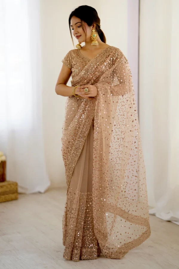 Gold Soft Net Sequins One Minute Saree