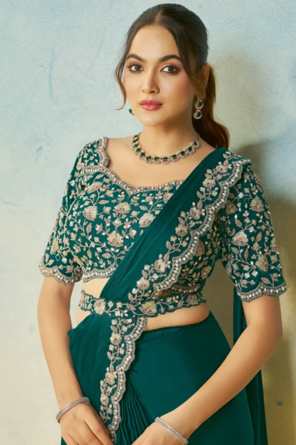 Green Satin Silk Heavy Embroidered Ready To Wear Saree  25707 (1)