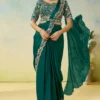Green Satin Silk Heavy Embroidered Ready To Wear Saree  25707