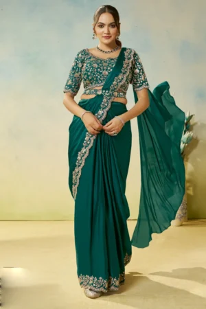 Green Satin Silk Heavy Embroidered Ready To Wear Saree  25707