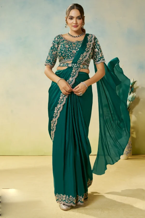 Green Satin Silk Heavy Embroidered Ready To Wear Saree  25707
