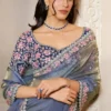 Greyish Blue Organza Satin Handwork Pre Stitched Saree  25821 (1)