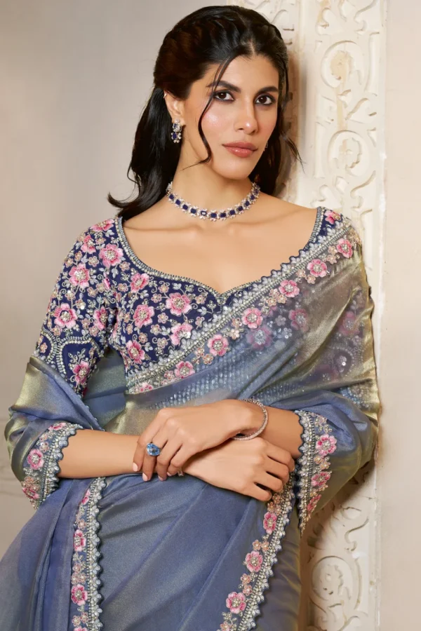 Greyish Blue Organza Satin Handwork Pre Stitched Saree  25821 (1)