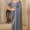 Greyish Blue Organza Satin Handwork Pre Stitched Saree  25821