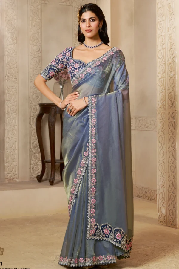 Greyish Blue Organza Satin Handwork Pre Stitched Saree  25821