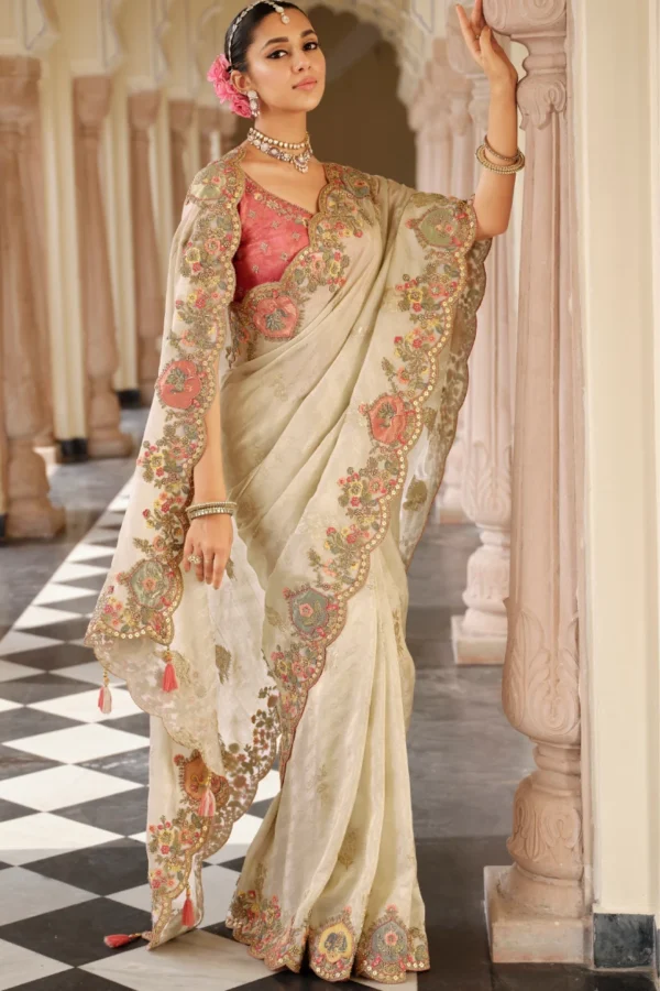 Ivory Pure Jacquard Silk Pre Stitched Saree   7809