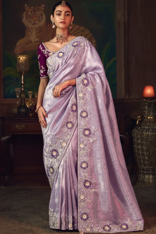Lavendar Heavy Embroidered Silk Saree 469