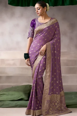 Lavendar Zari Work Crepe Pre Stitched Saree   7807