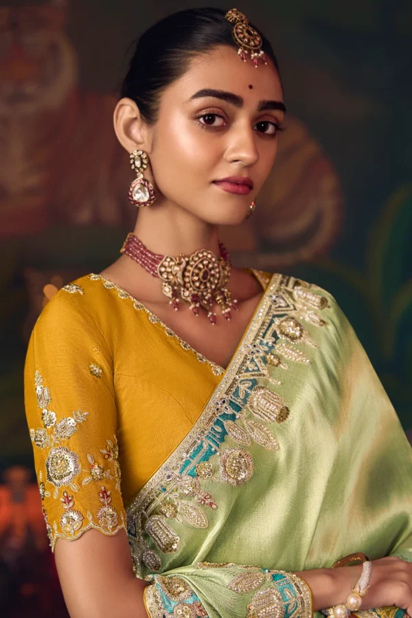 Lemon Green Heavy Embroidered Silk Saree 468 (1)