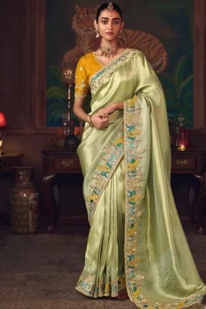 Lemon Green Heavy Embroidered Silk Saree 468