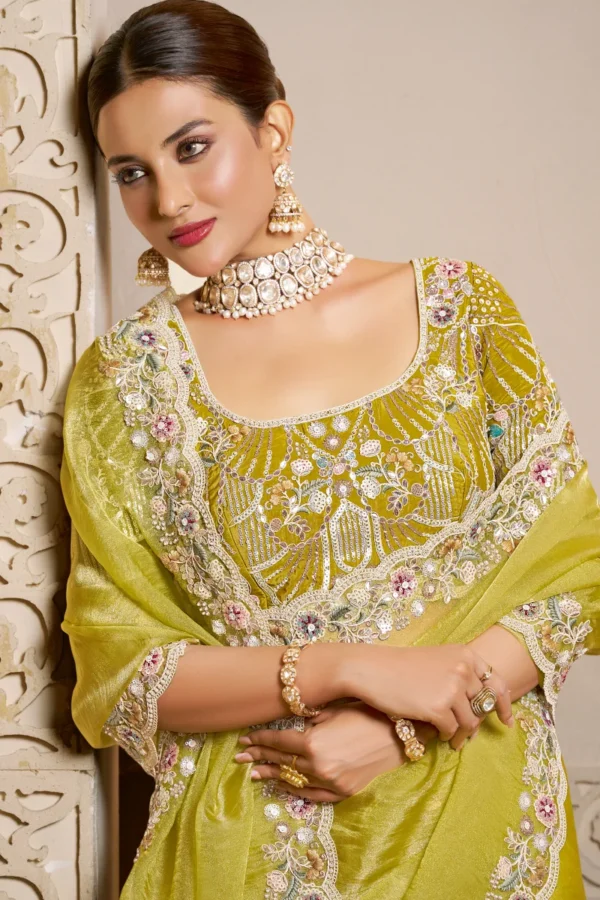 Lemon Green Organza Satin Handwork Ready To Wear Saree   25818 (1)