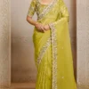 Lemon Green Organza Satin Handwork Ready To Wear Saree   25818