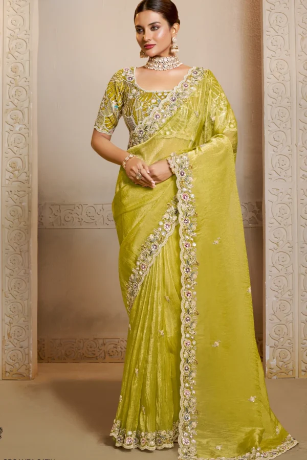 Lemon Green Organza Satin Handwork Ready To Wear Saree   25818