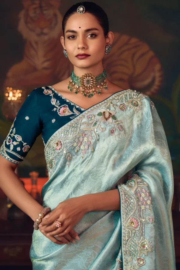 Light Blue Heavy Embroidered Silk Ready To Wear Saree 461 (2)
