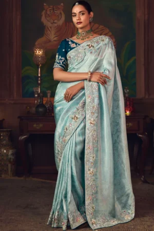 Light Blue Heavy Embroidered Silk Ready To Wear Saree 461