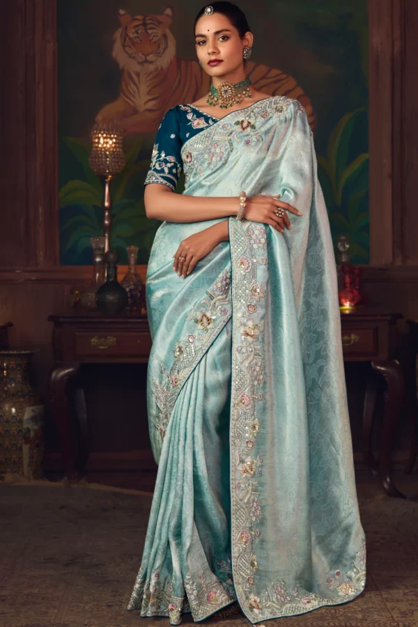 Light Blue Heavy Embroidered Silk Ready To Wear Saree 461