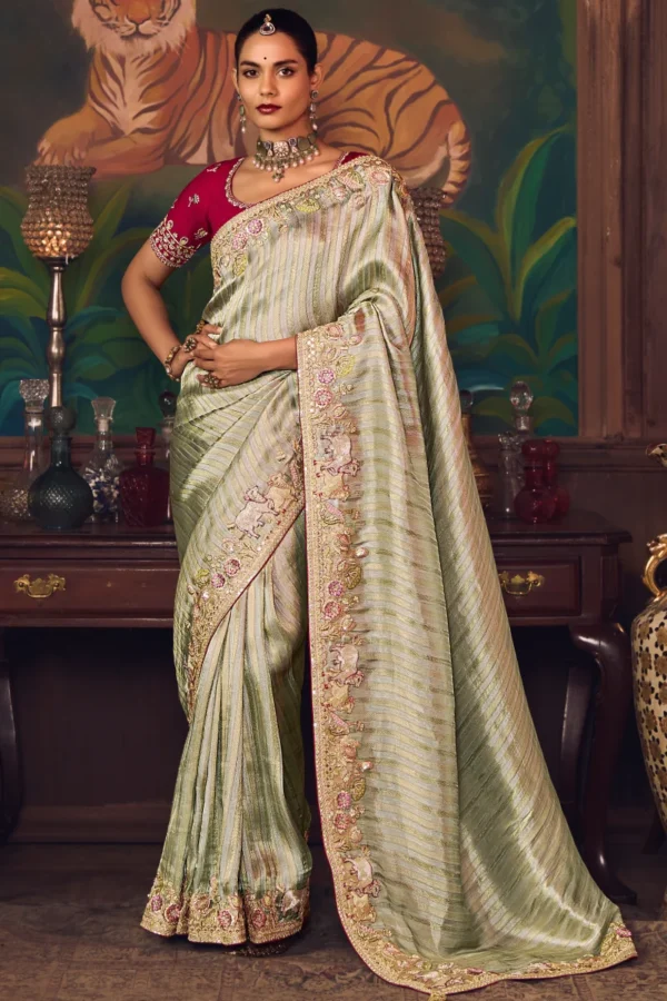Light Green Heavy Embroidered Silk Saree 470