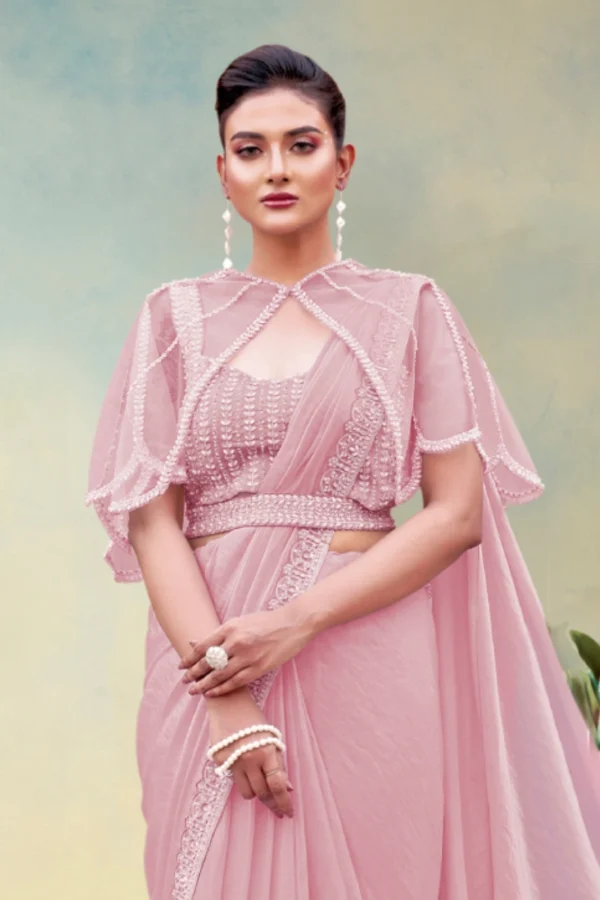 Light Pink Satin Silk Heavy Embroidered Ready To Wear Saree  25718 B (1)