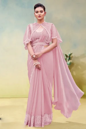 Light Pink Satin Silk Heavy Embroidered Ready To Wear Saree  25718 B