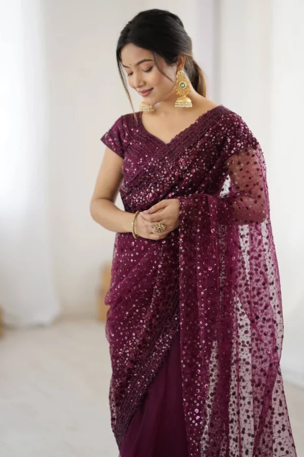 Maroon Soft Net Sequins One Minute Saree (1)