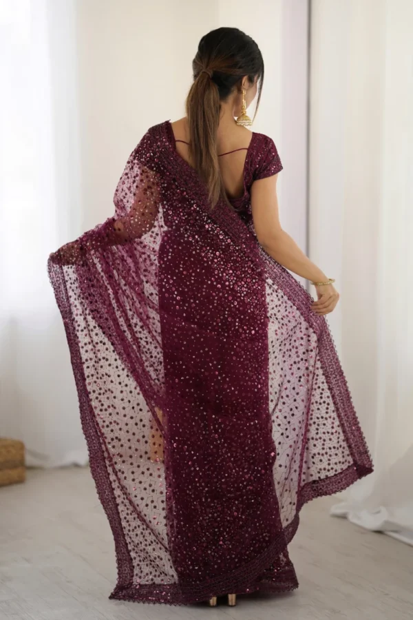 Maroon Soft Net Sequins One Minute Saree (2)