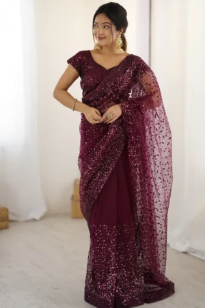 Maroon Soft Net Sequins One Minute Saree