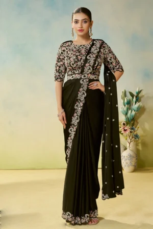 Mehendi Green Satin Silk Heavy Embroidered Ready To Wear Saree  25714