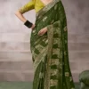 Mehendi Green Zari Work Crepe Pre Stitched Saree   7810